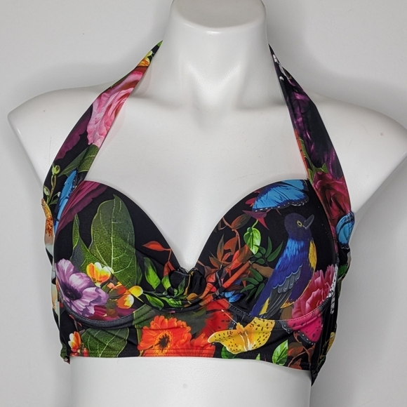 Peddney Black Colorful Flower Bird Butterfly Halter Tie Bikini Top L - Picture 1 of 9